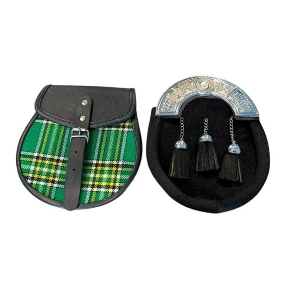 Scottish Kilt Sporran Set Green Tartan and Black Dress Celtic Replicas NWOT